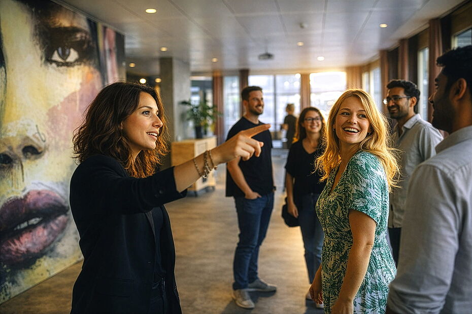 Leitmotiv der iboCON 2026 - Gruppe von Menschen in einem modernen Raum; eine Person zeigt erklärend nach vorne, eine andere lacht zur Gruppe. Zwei Gesichter im Vordergrund sind scharf, die übrigen Personen und die Architektur im Hintergrund leicht unscharf. Warmes Gegenlicht durch große Fenster erzeugt eine inspirierende, dynamische Aufbruchsstimmung.