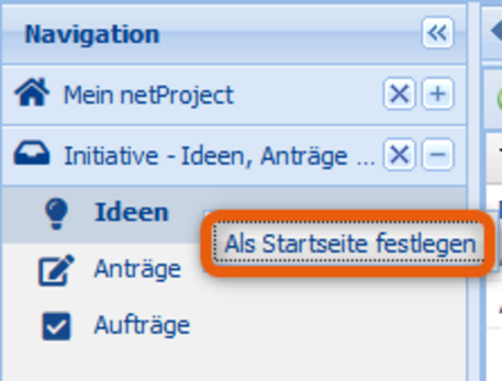 Startseite festlegen in ibo netProject Screenshot