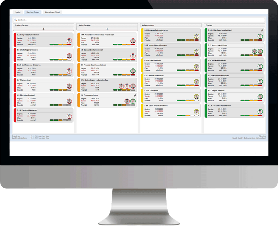 Agiles Projektmanagement mit Projektmanagement Software Übersicht am PC von Kanban Board ibo netProject Software für Projektmanagement
