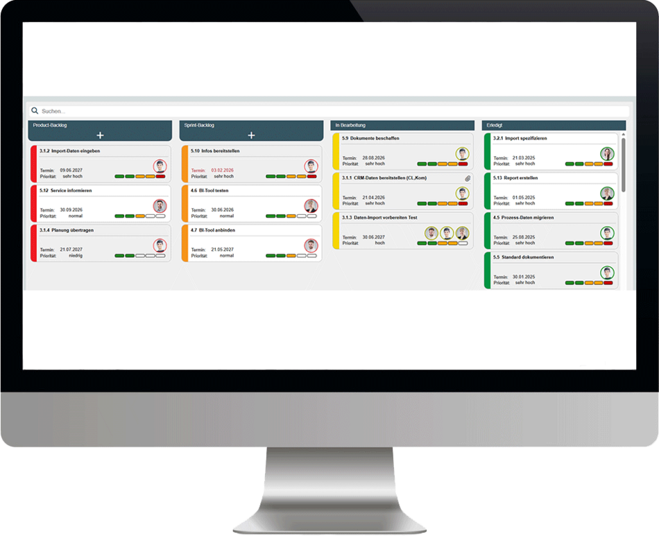 Agiles Projektmanagement mit Projektmanagement Software Übersicht am PC von Kanban Board ibo netProject Software für Projektmanagement