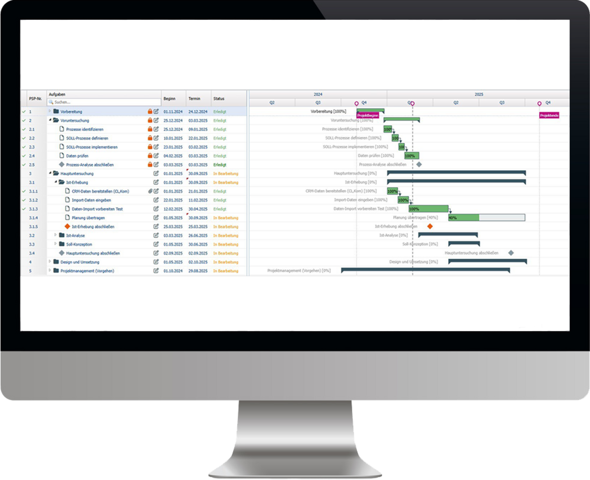 Übersicht am PC von Gantt Diagramm der ibo netProject Software für Projektmanagement